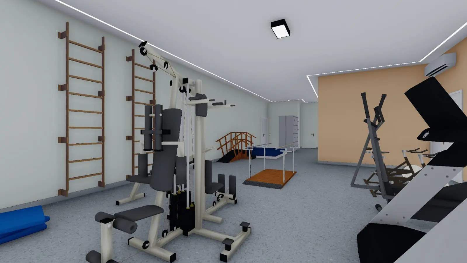 Policlínica sala de reabilitação com equipamentos de cinesioterapia e reabilitação motora, com 100 m² de área.